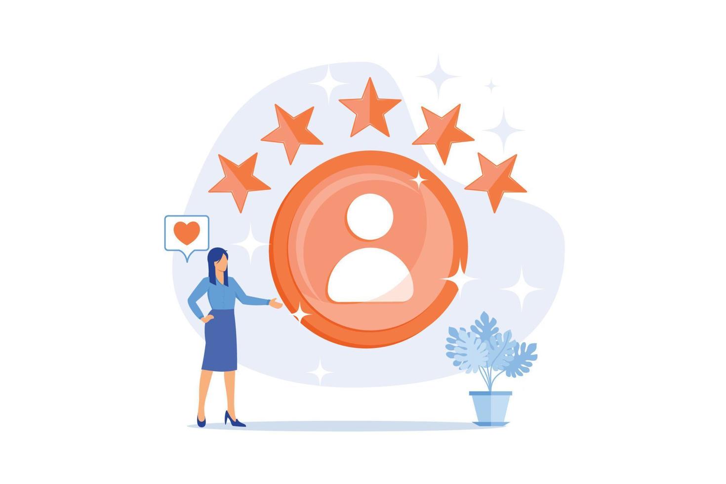 Personal account. Positive feedback, user review, loyalty stars. Dating site, website ranking. Woman evaluating web page cartoon character. Vector illustration