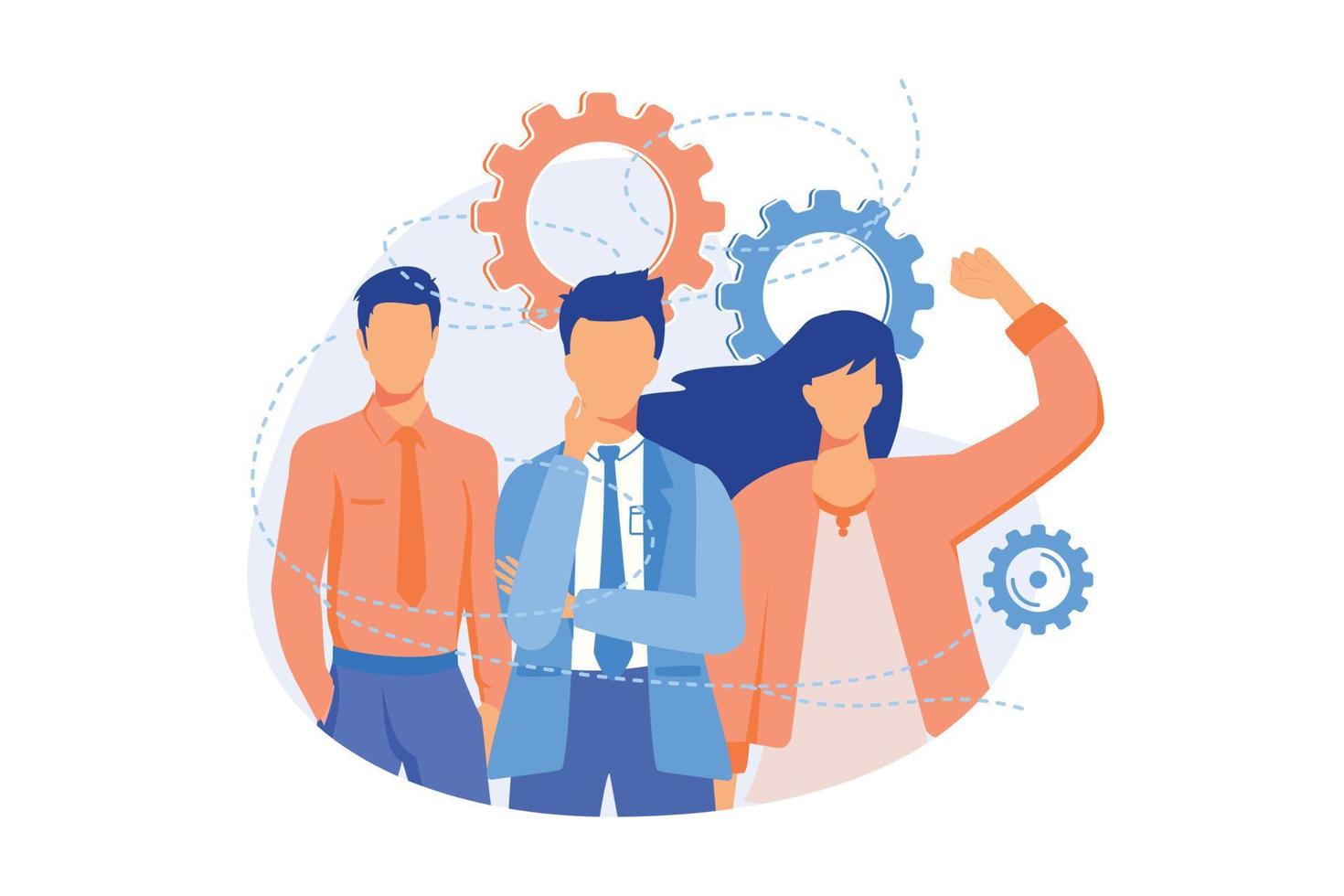 Teamwork. Collaboration, fellowship, partnership. Team building and cooperation technology. Business partners, colleagues cartoon characters. Vector illustration