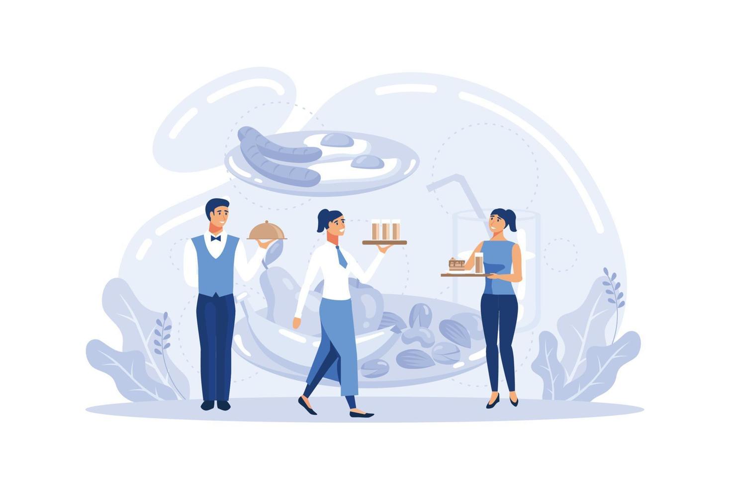 Waiter concept. Restaurant staff in the uniform, catering service. Table setting and customer calculation, sharing tips. Isolated vector illustration in cartoon style