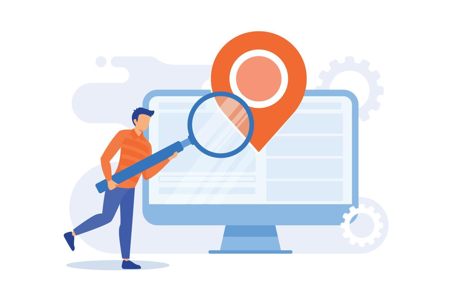 Location based advertisement. Geolocation software, online gps app, navigation system. Geographic restriction. Man searching address with magnifier. Vector illustration