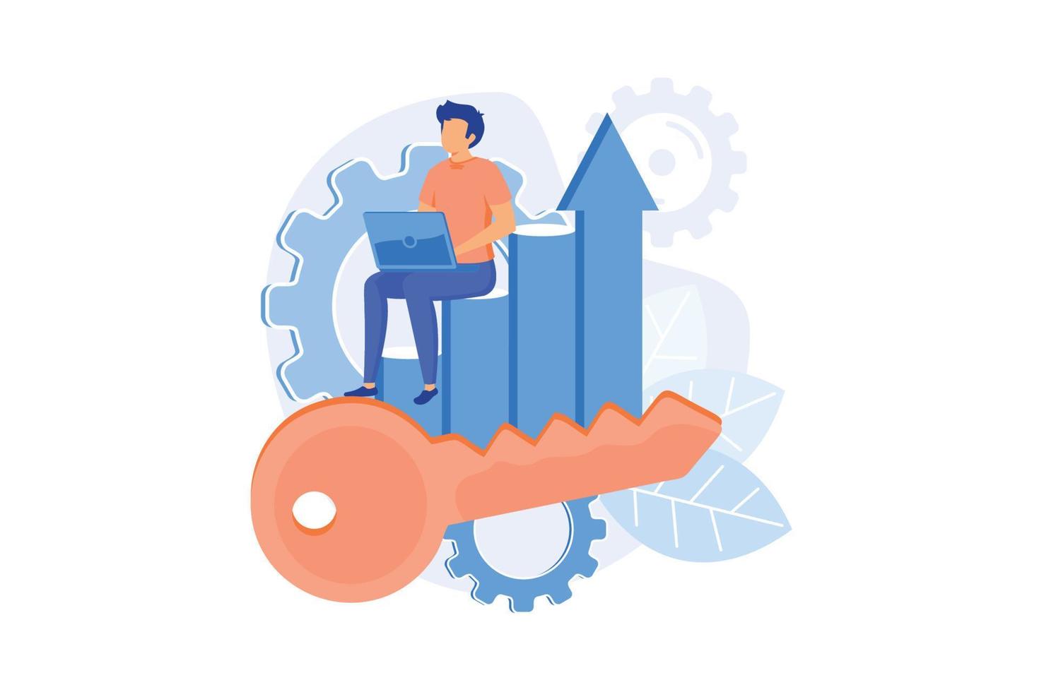 Business strategy, success key. Productivity, KPI performance, efficiency. Male analyst flat character sitting on diagram. Report analysis. Vector illustration