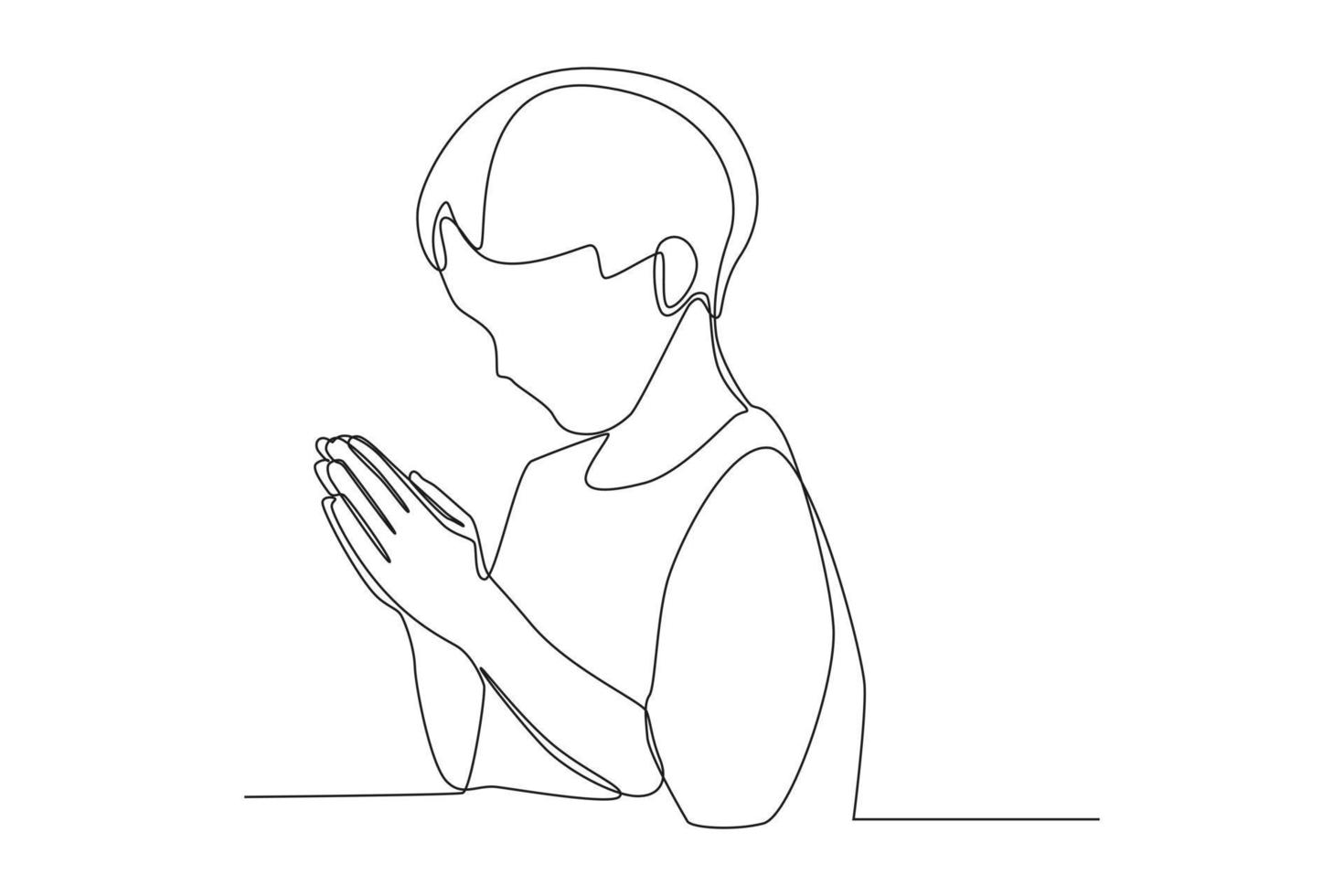 Continuous one line drawing little boy praying for world peace. Peace day concept. Single line draw design vector graphic illustration.