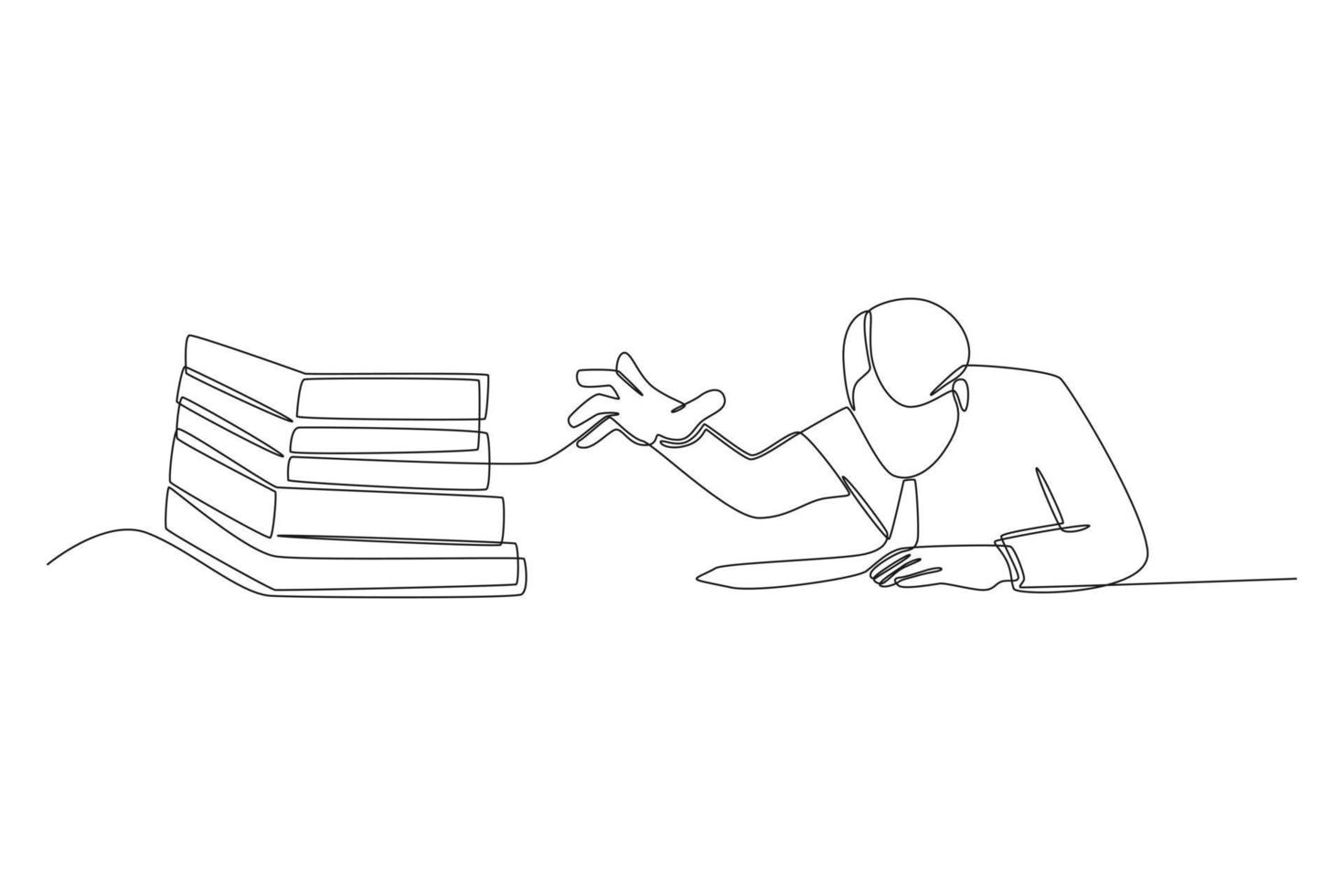 Continuous one line drawing Stress young businessman looking at stack of books on the desk. Late concept. Single line draw design vector graphic illustration.