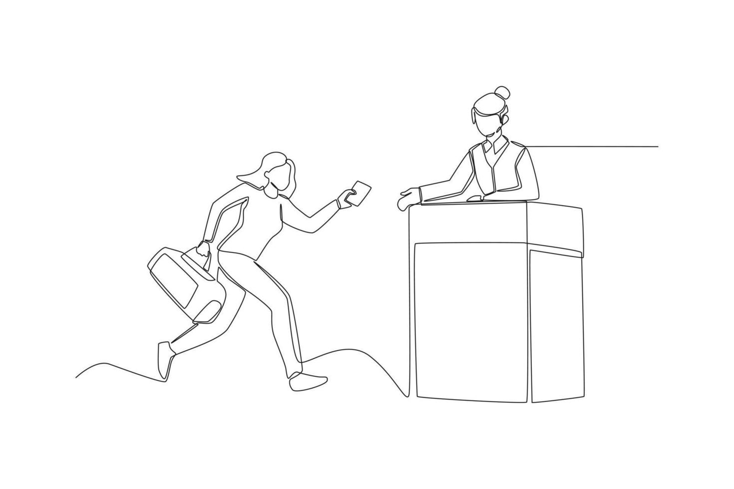 Continuous one line drawing woman with bag running and giving her ticket to airport clerk. Late concept. Single line draw design vector graphic illustration.