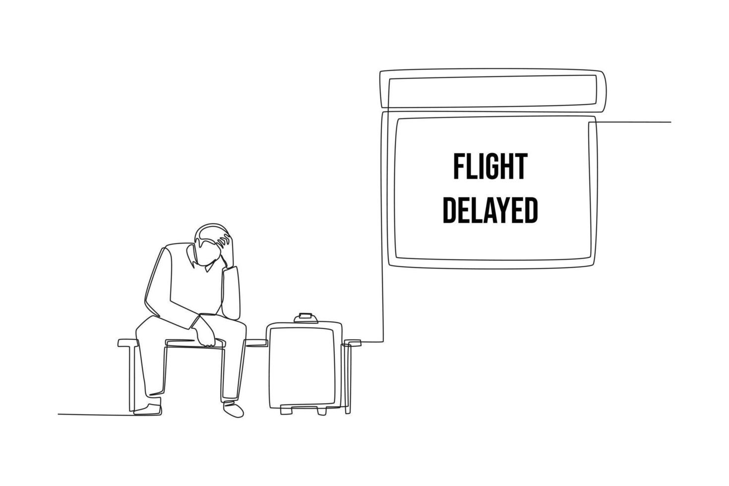 Continuous one line drawing unhappy young businessman sitting at airport because his plane is delayed. Late concept. Single line draw design vector graphic illustration.