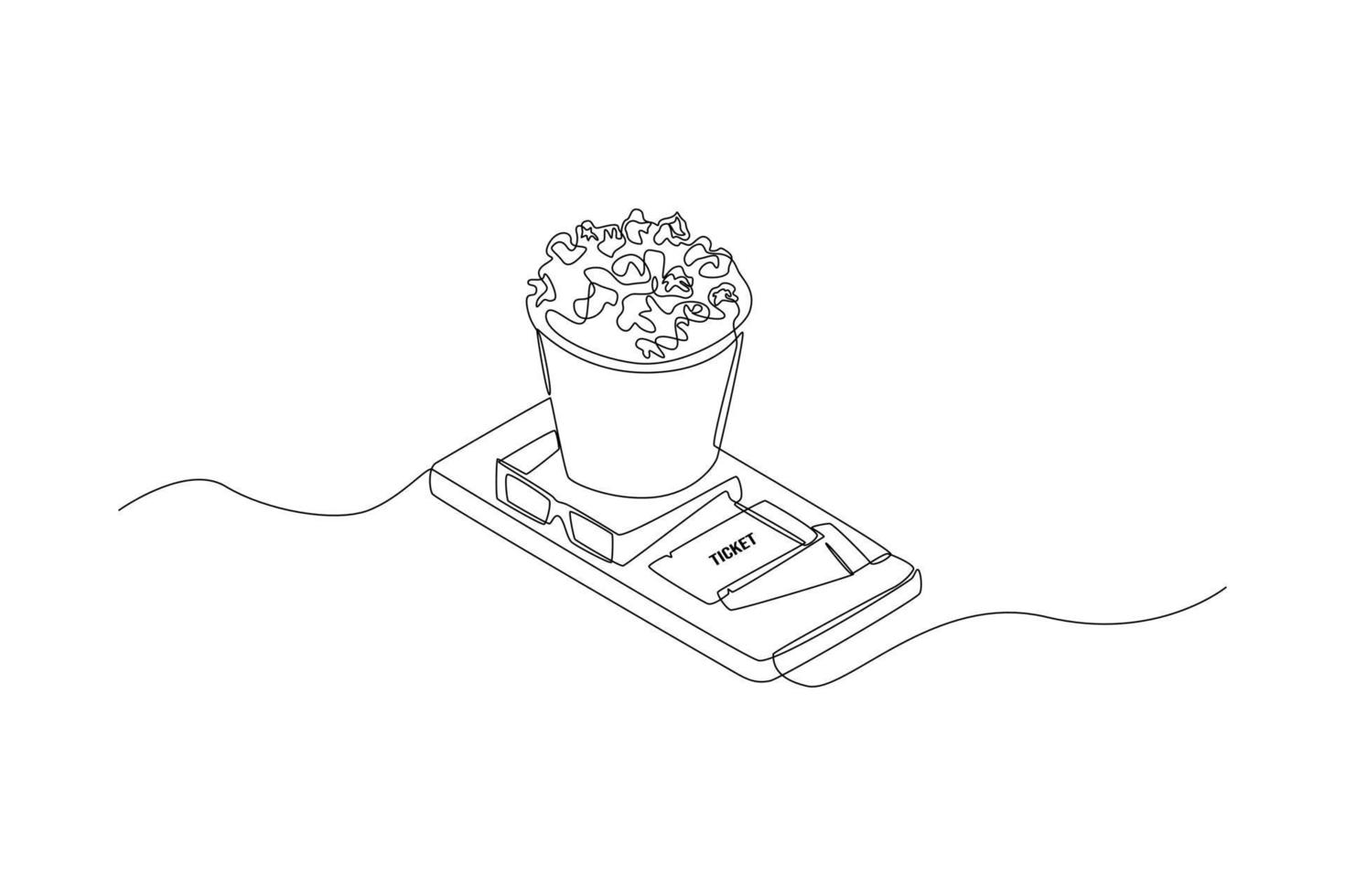 Single one line drawing Popcorn, 3d movie eyeglasses and movie tickets on smartphone. Online ticket concept.  Continuous line draw design graphic vector illustration.