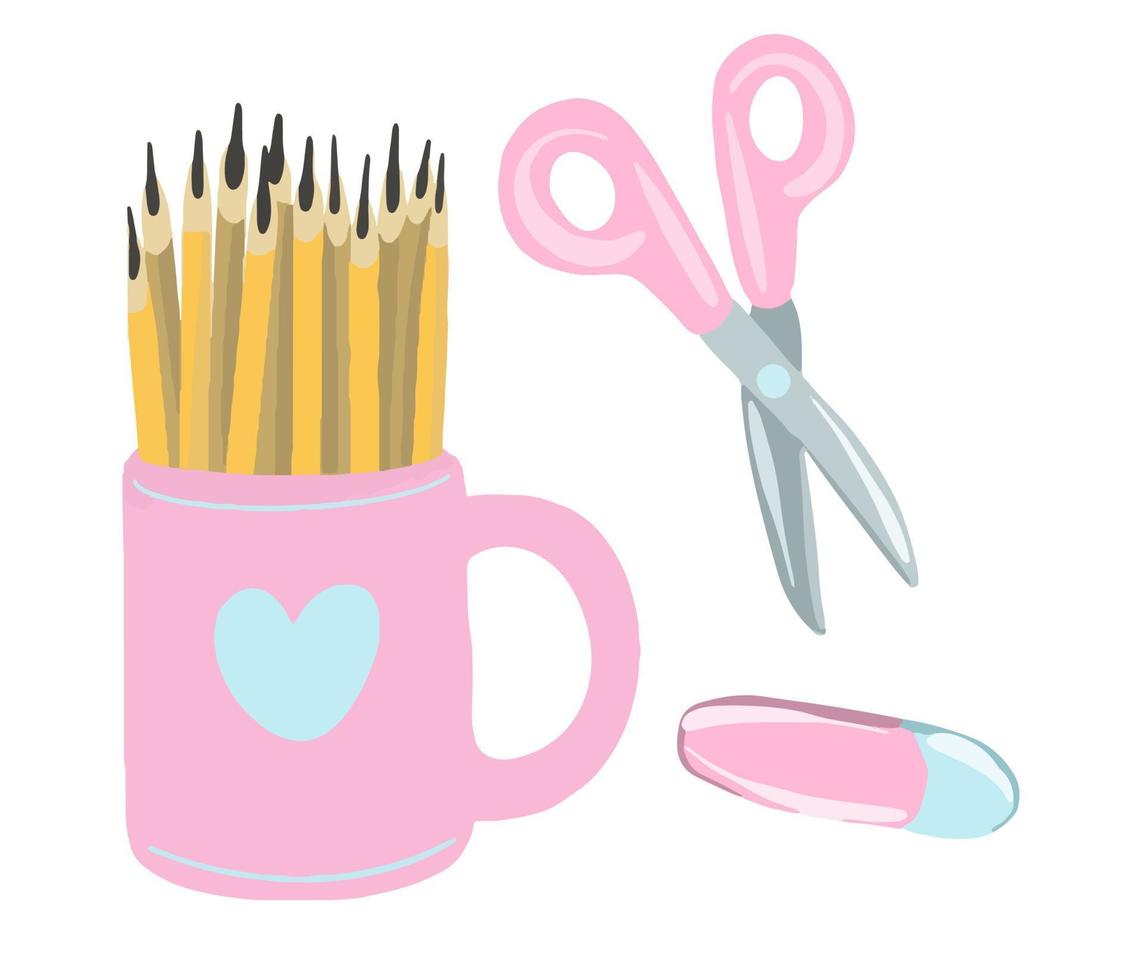 Vector Set back to school. Stationery for study. Pink scissors, eraser, pencils.