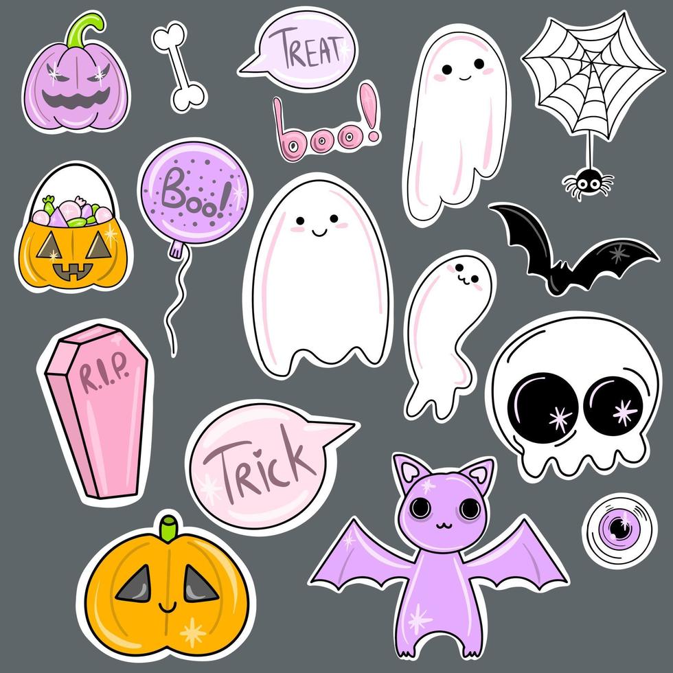 Vector Big set of cute halloween stickers. Ghosts, skull, coffin, pumpkin for holiday design.