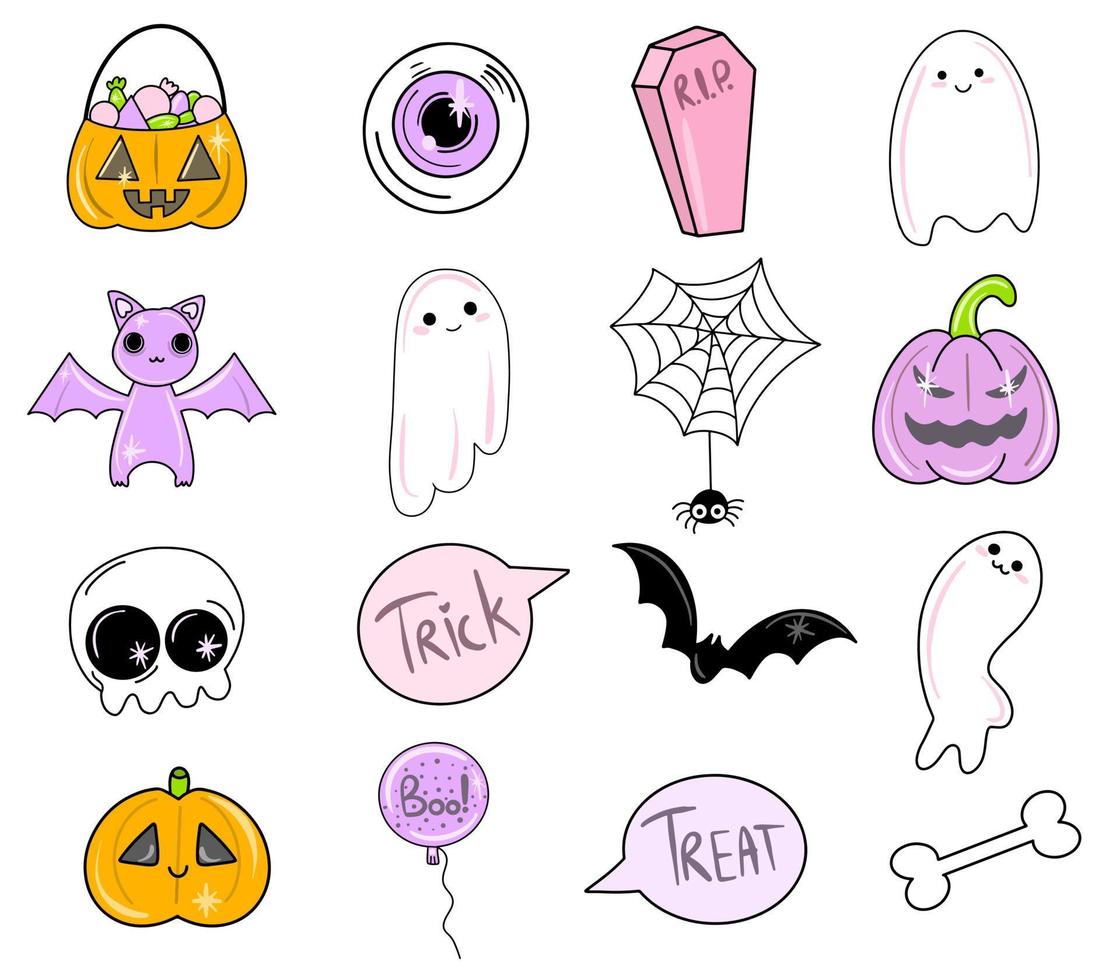 Cute vector set with Halloween illustrations. Smiling and funny cartoon characters pumpkin, ghost, cat, bat. Stickers, icons, design elements