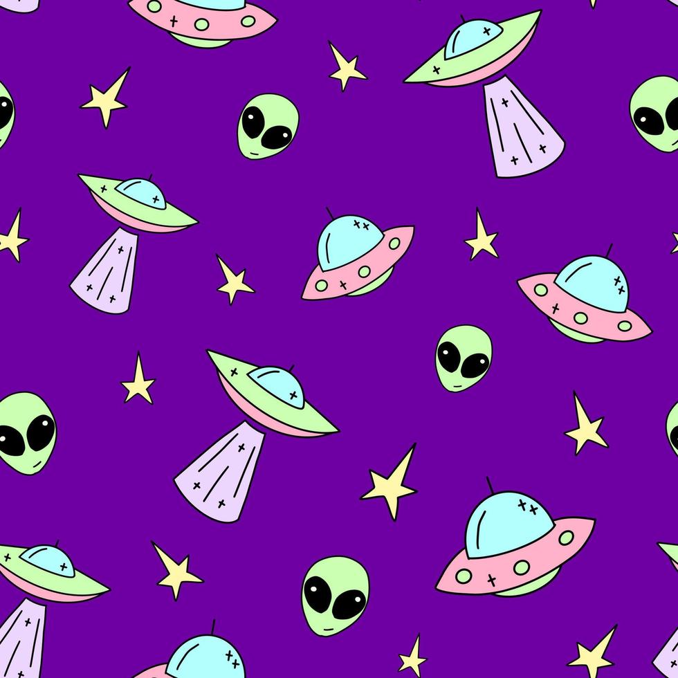 Vector Ufo children's pattern vector. Galaxy illustration in cartoon style. Seamless outer space ufo rocket science kids background pattern