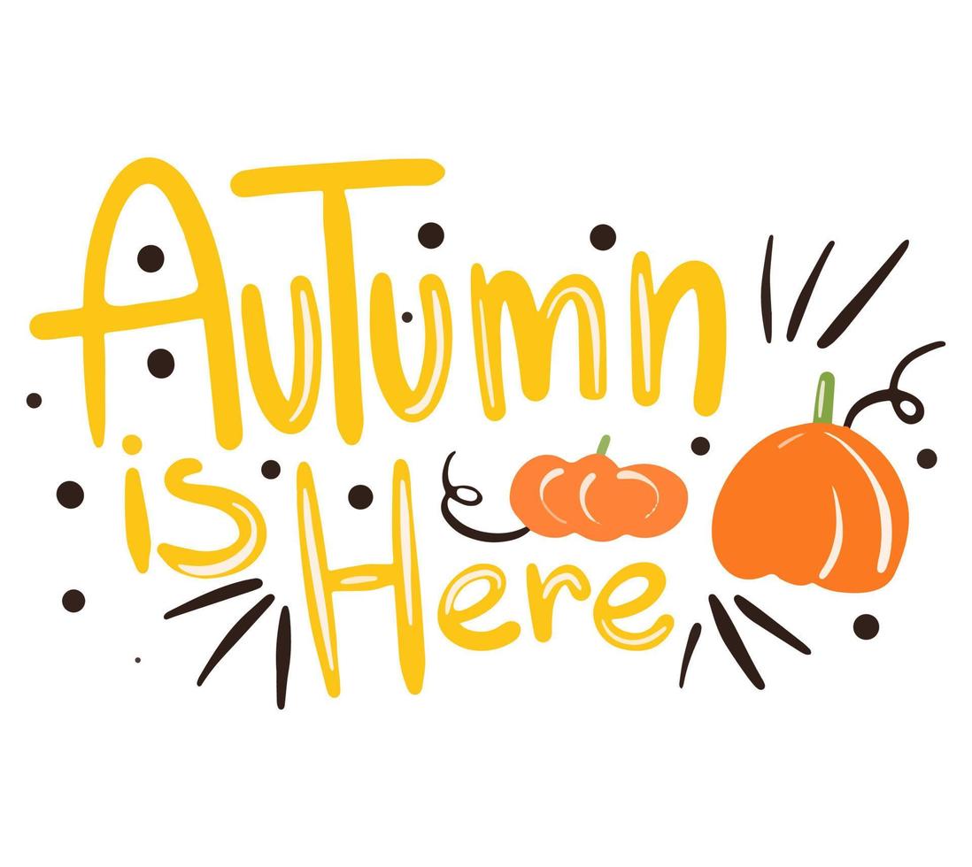 Autumn is here vector hand drawn lettering design. Fall calligraphy