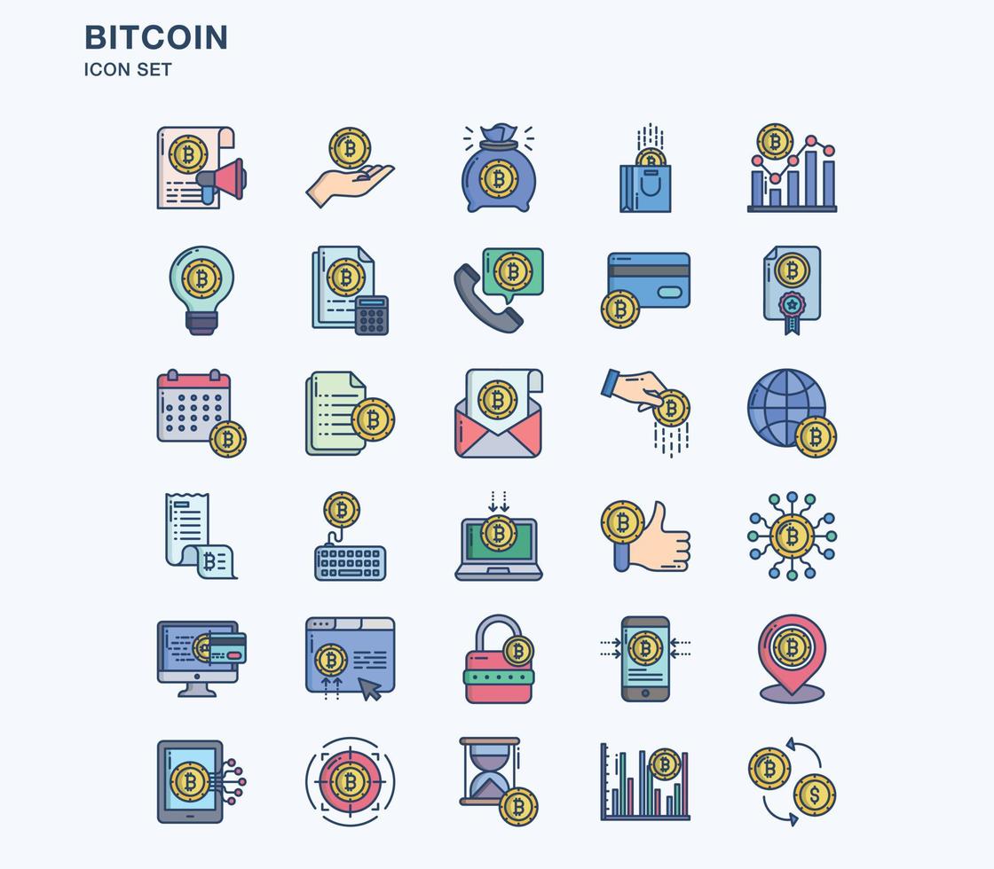 Bitcoin and cryptocurrency linear coloured icon set vector