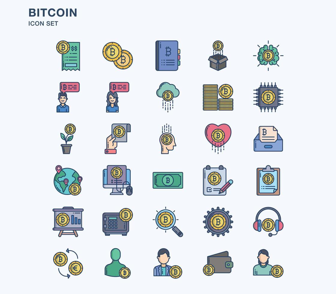 Bitcoin and cryptocurrency linear coloured icon set vector