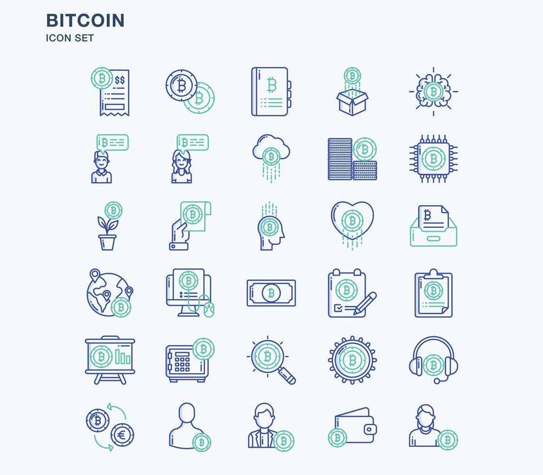 Bitcoin and cryptocurrency outline coloured icon set vector