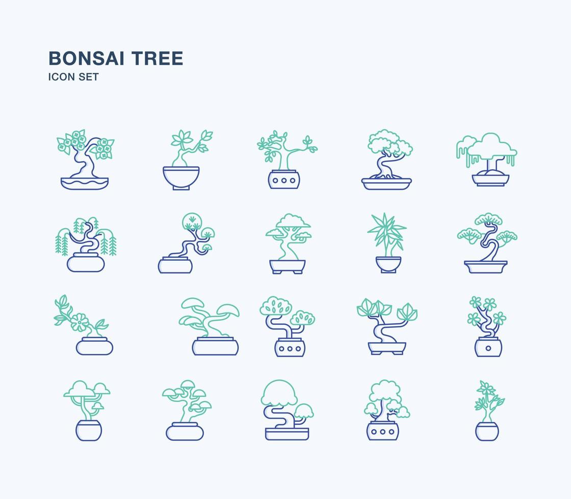 Bonsai tree outline coloured icon set vector