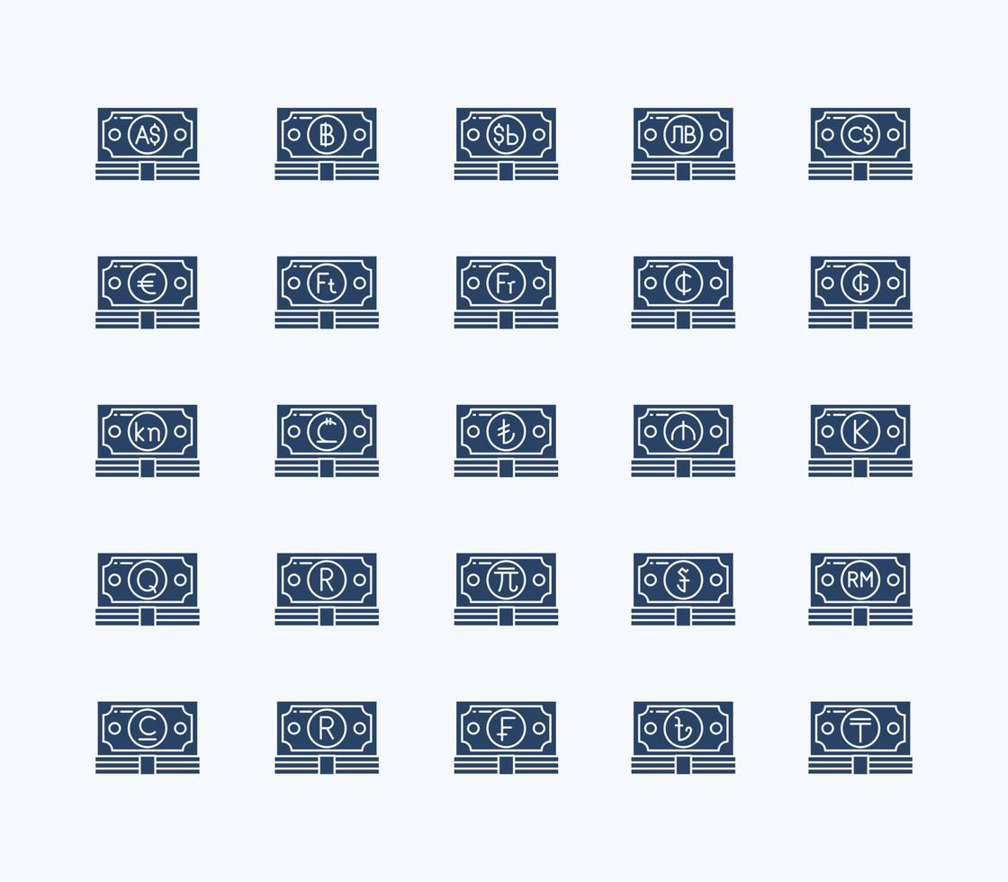 Currency solid icon set vector
