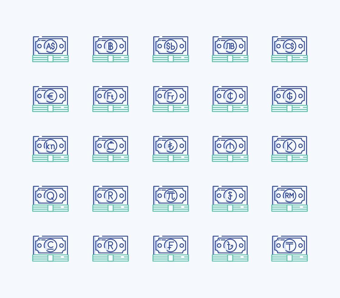 Currency outline coloured icon set vector