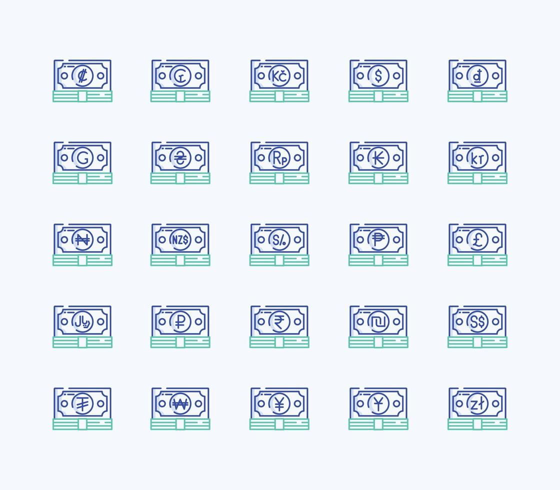 Currency outline coloured icon set vector