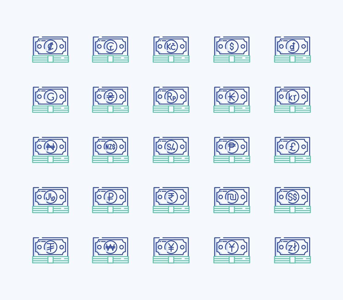 Currency outline coloured icon set vector