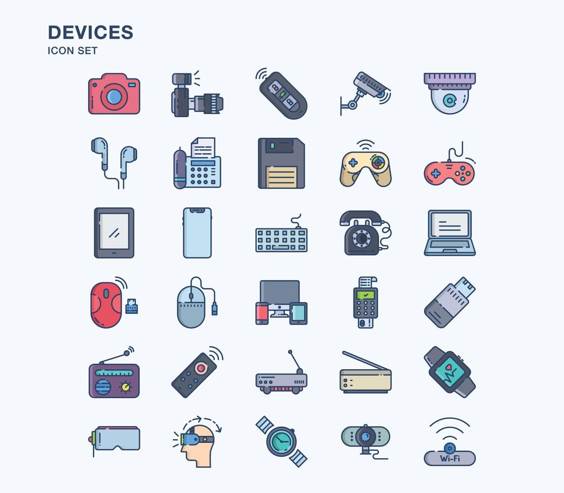 Devices and gadgets linear coloured icon set vector