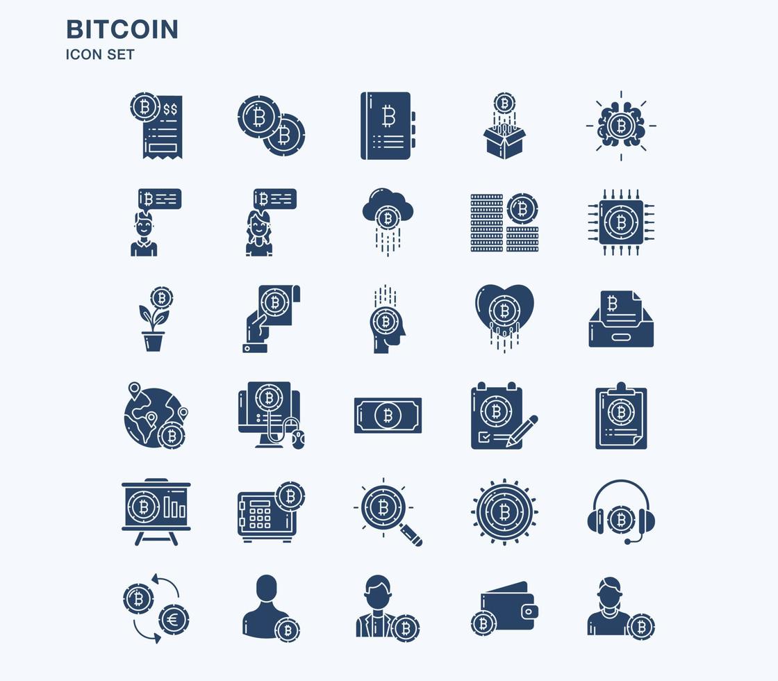 Bitcoin and cryptocurrency solid icon set vector