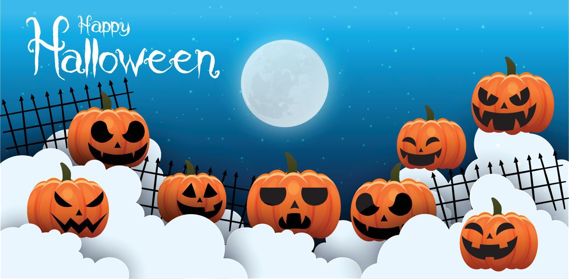 Halloween sale facebook cover page timeline, web ad banner template with pumpkins, bats and cloud on orange background Modern layout concept design vector