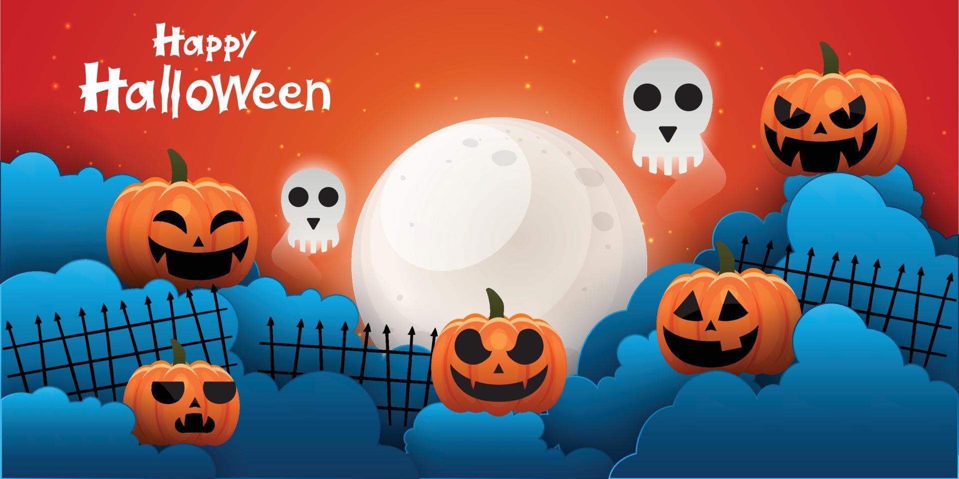 Halloween sale facebook cover page timeline, web ad banner template with pumpkins, bats and cloud on orange background Modern layout concept design vector