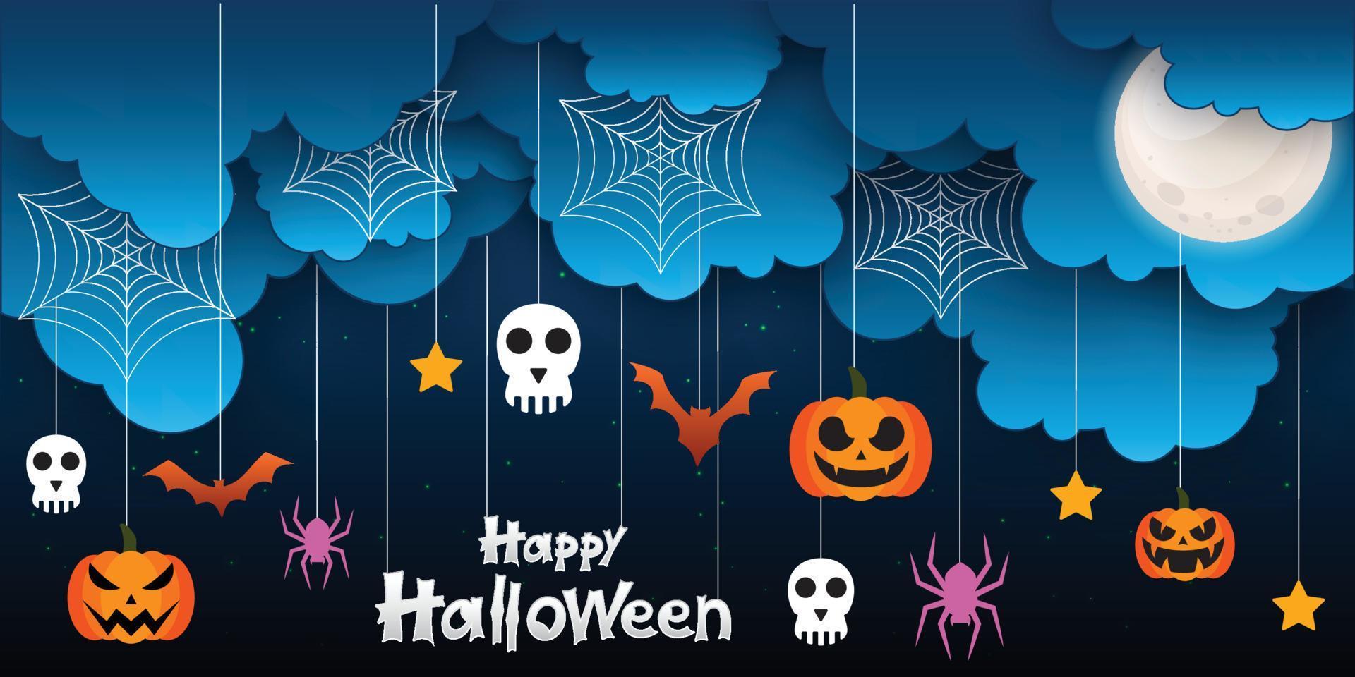 Halloween sale facebook cover page timeline, web ad banner template with pumpkins, bats and cloud on orange background Modern layout concept design vector