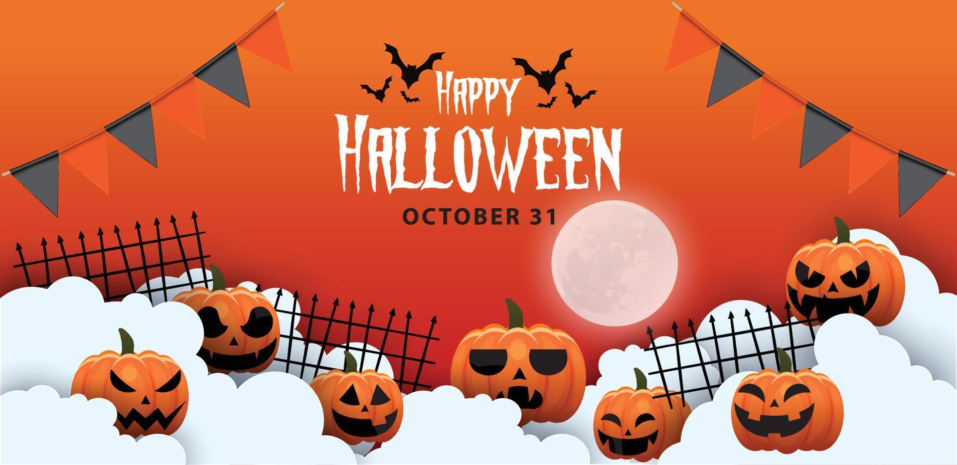 Happy Halloween banner or party invitation background with night clouds and pumpkins style. Vector illustration. Full moon in the sky