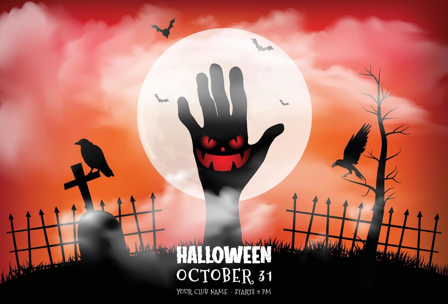 banner de feliz halloween o fondo de invitación de fiesta con nubes nocturnas y estilo calabazas. ilustración vectorial luna llena en el cielo vector