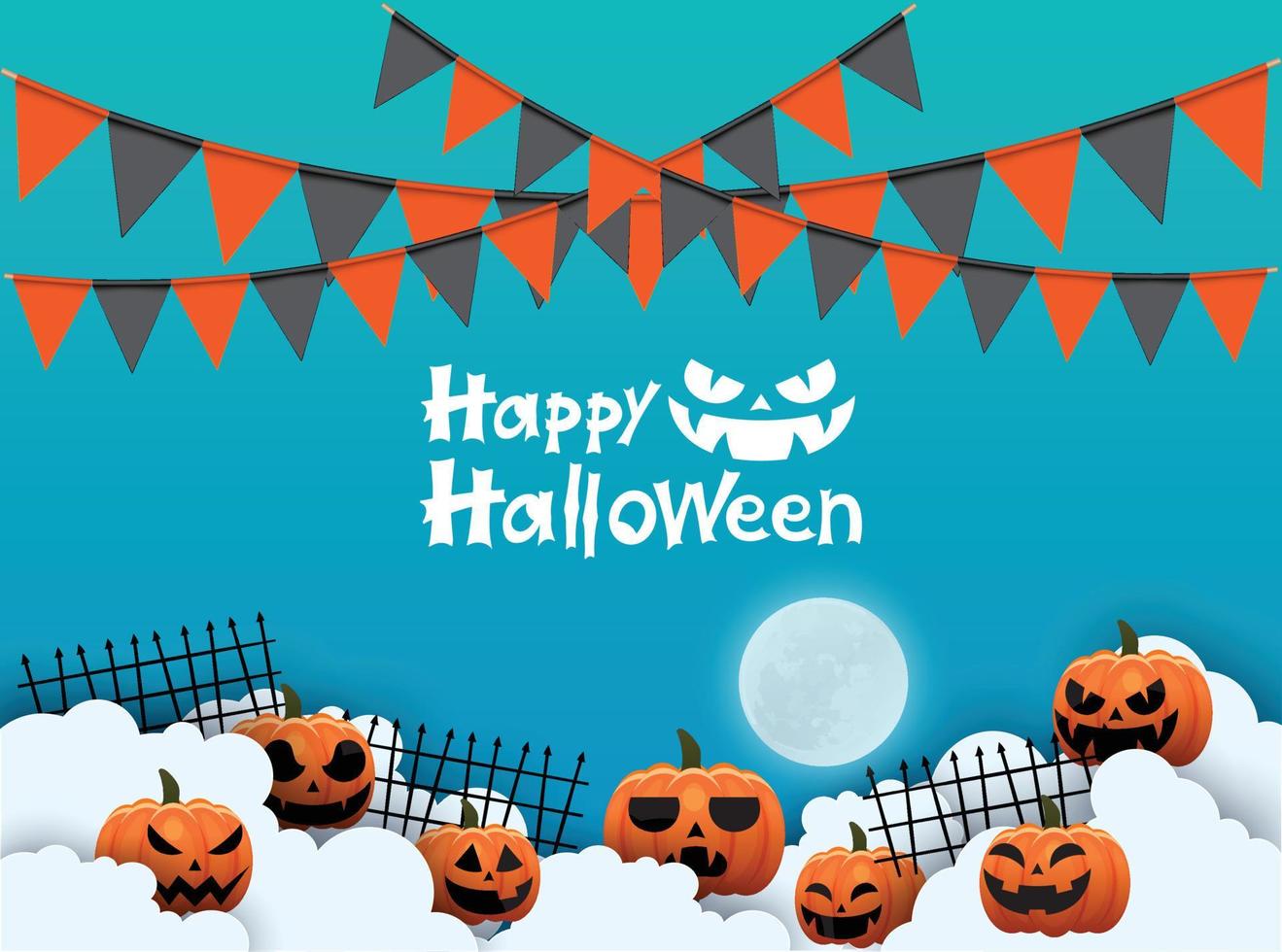 Happy Halloween banner or party invitation background with night clouds and pumpkins style. Vector illustration. Full moon in the sky