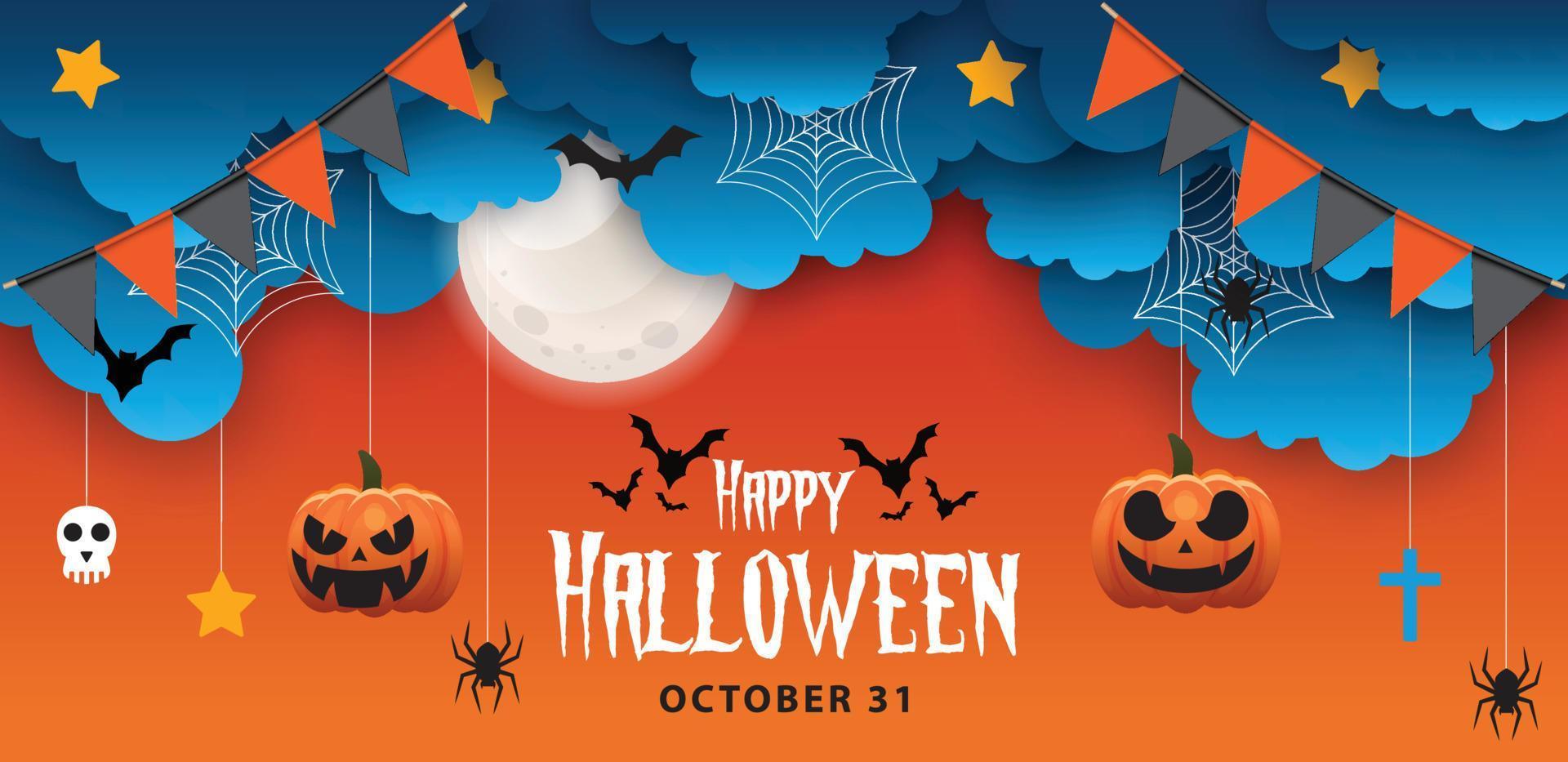 Happy Halloween banner or party invitation background with night clouds and pumpkins style. Vector illustration. Full moon in the sky