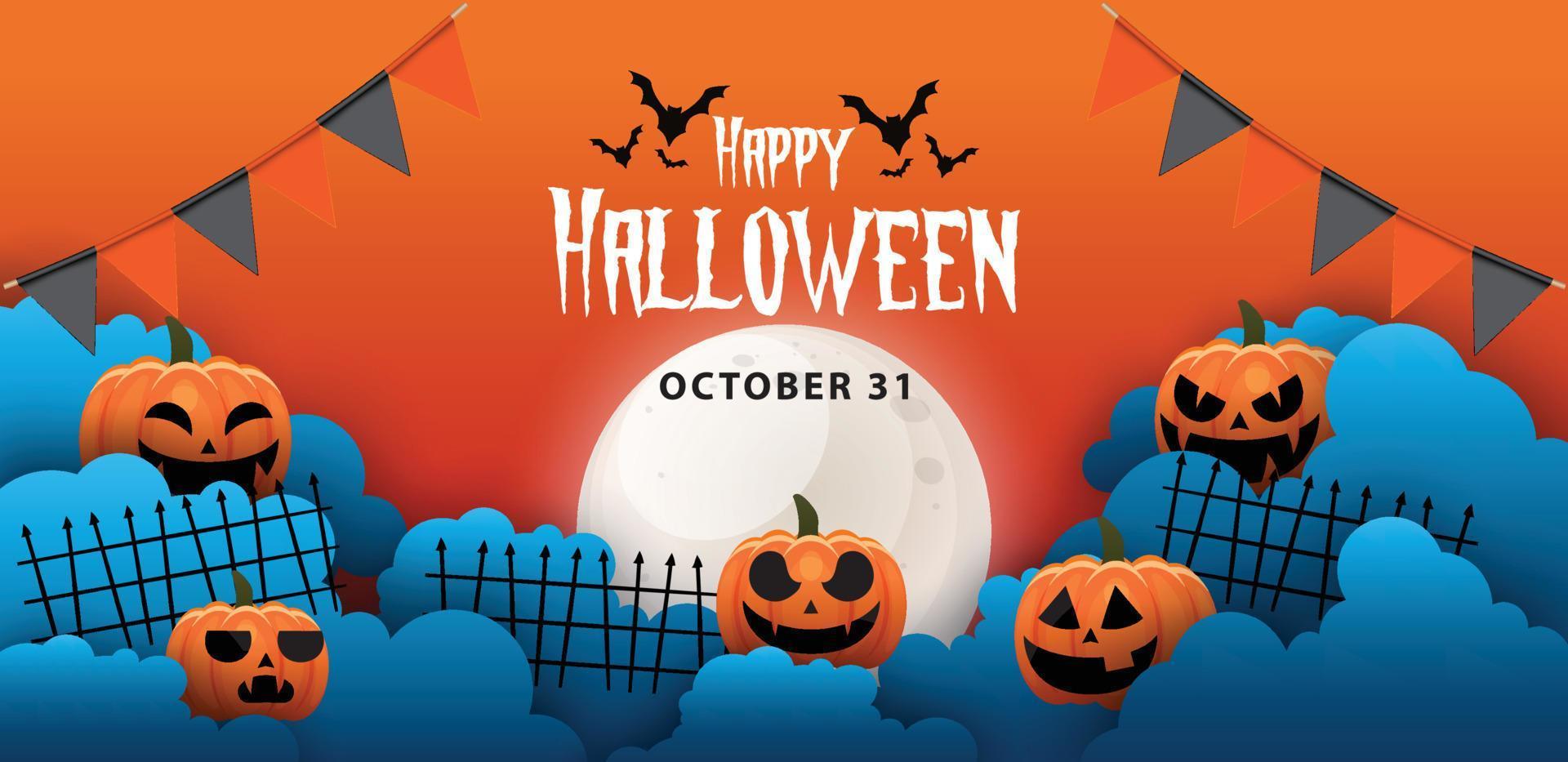 banner de feliz halloween o fondo de invitación de fiesta con nubes nocturnas y estilo calabazas. ilustración vectorial luna llena en el cielo vector