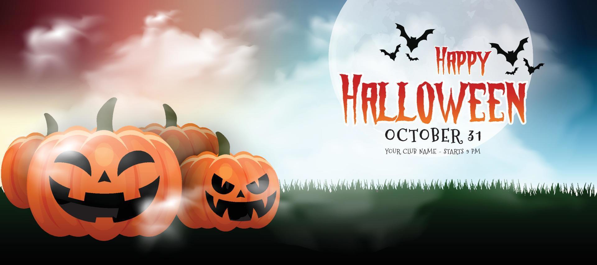 banner de feliz halloween o fondo de invitación de fiesta con nubes nocturnas y estilo calabazas. ilustración vectorial luna llena en el cielo vector