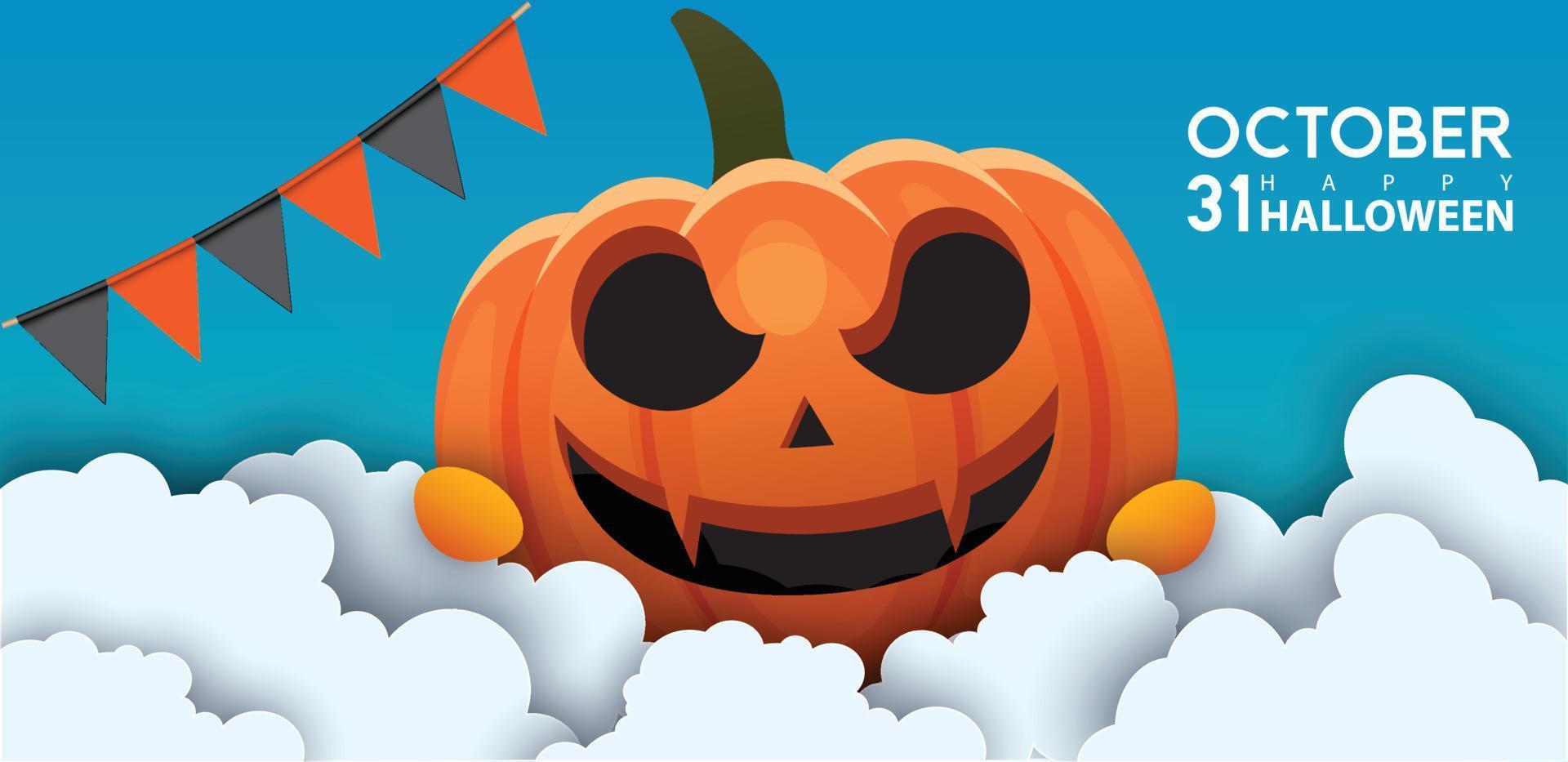 Happy Halloween banner or party invitation background with night clouds and pumpkins style. Vector illustration. Full moon in the sky