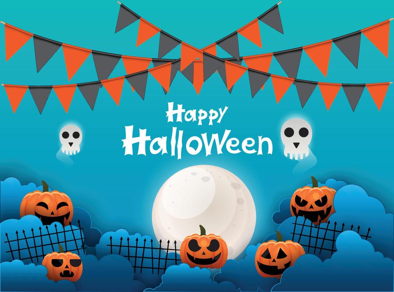 banner de feliz halloween o fondo de invitación de fiesta con nubes nocturnas y estilo calabazas. ilustración vectorial luna llena en el cielo vector