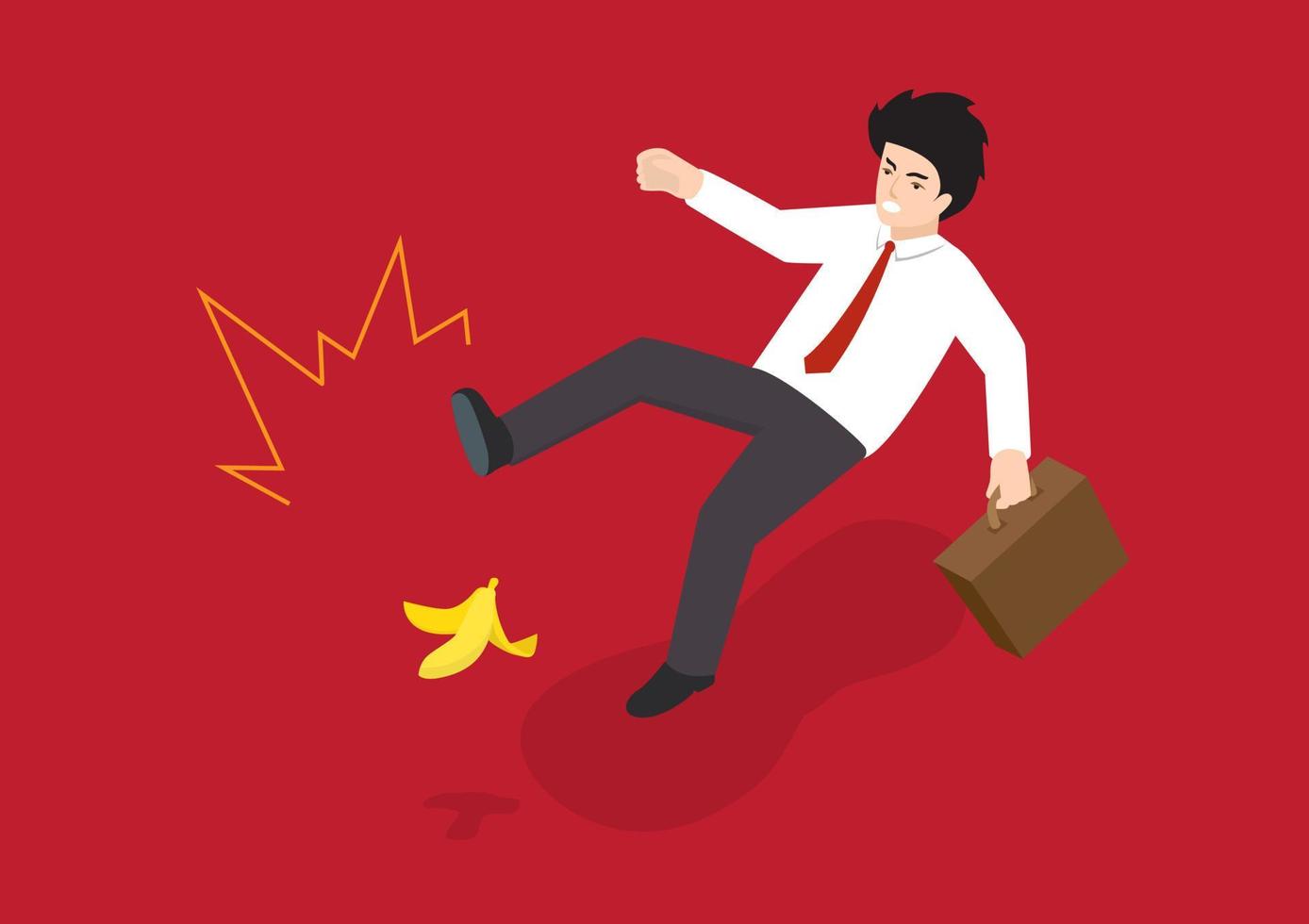 A business man walks on a slippery banana peel. The road to success concept has unexpected obstacles. vector illustration