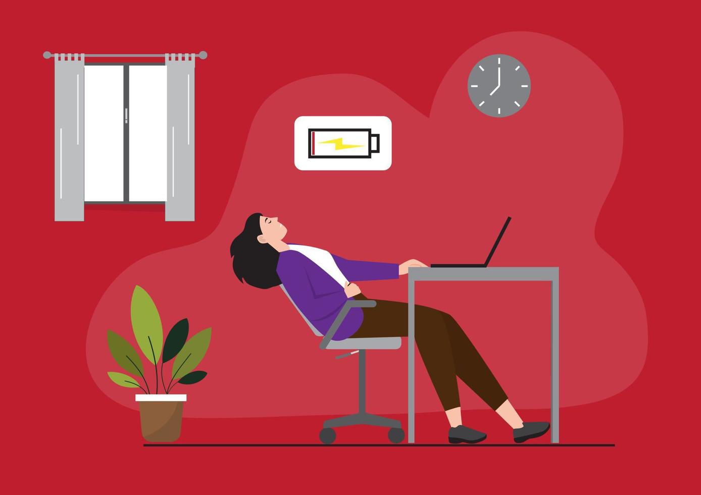 Tired woman sleeping at desk . Low energy work burnout at work. flat vector illustration