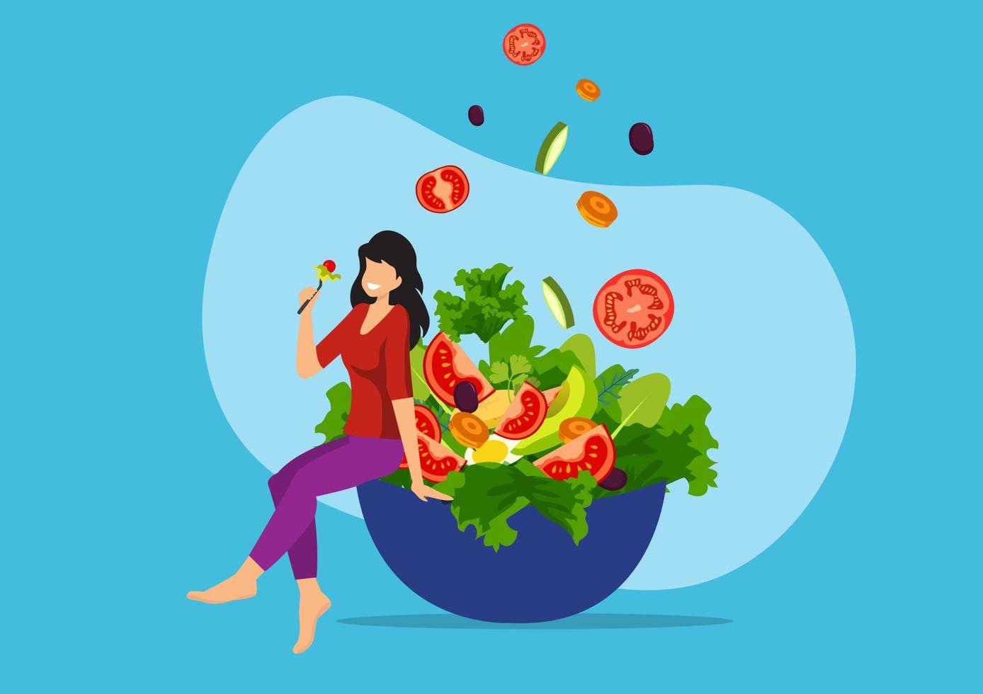 vector illustration girl sitting and eating salad, cucumber, tomato, vegetarian for good health