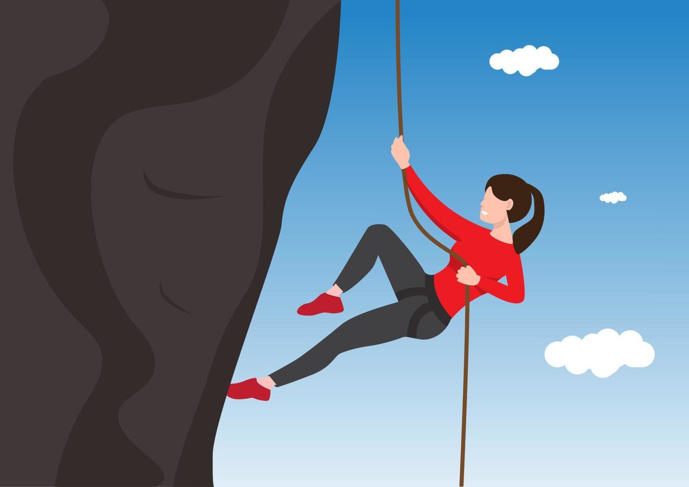 niña escalando en las rocas mujer valiente sube la montaña usando una cuerda. el concepto de desafío mental. ilustración de diseño de vector plano