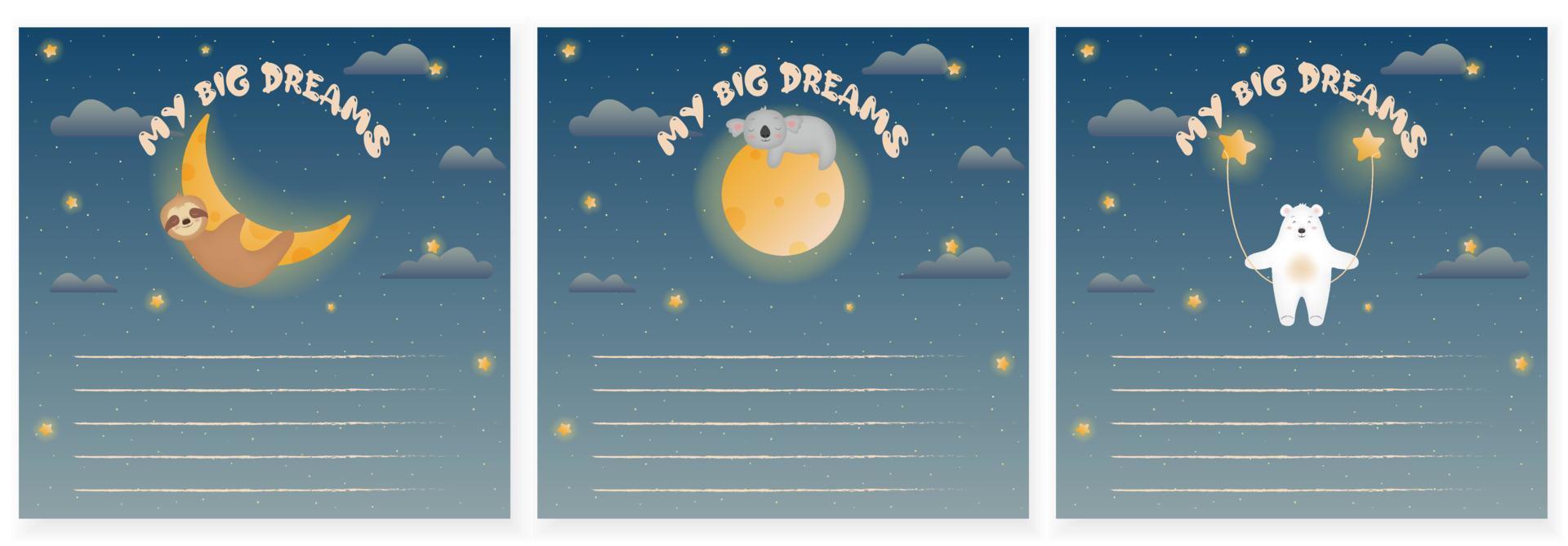 My big dreams for children. Magic starry sky with cute animals. Outer space. Set of vector illustration