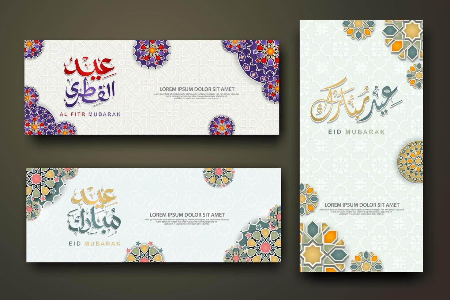 Eid al fitr concept banner with arabic calligraphy and 3d paper flowers on Islamic geometric pattern background. Vector illustration.