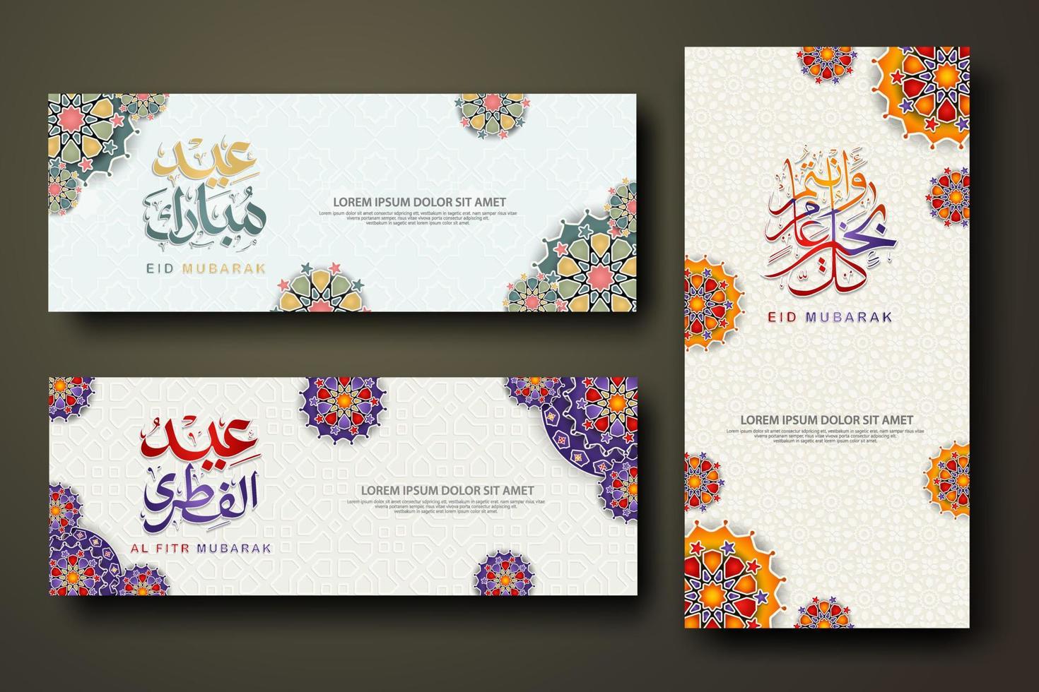 Eid al fitr concept banner with arabic calligraphy and 3d paper flowers on Islamic geometric pattern background. Vector illustration.