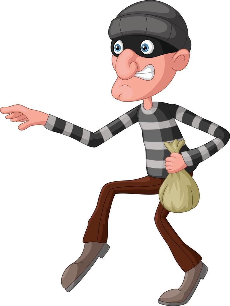 Cute thief cartoon carrying a bag of money vector