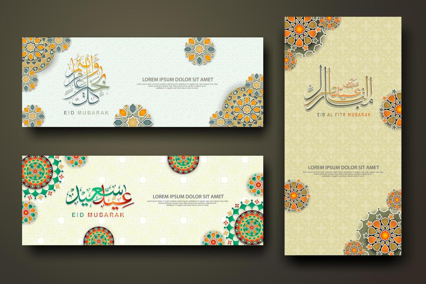 Eid al fitr concept banner with arabic calligraphy and 3d paper flowers on Islamic geometric pattern background. Vector illustration.