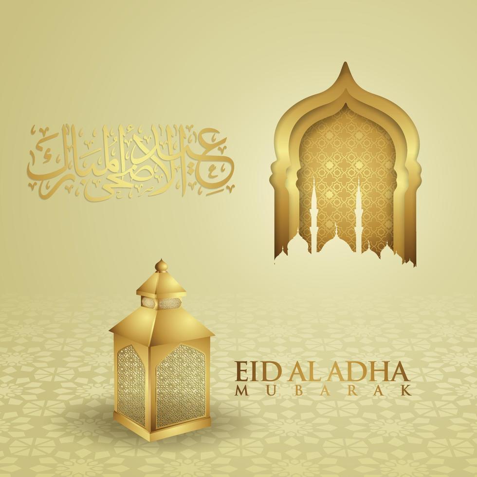 Luxurious and elegant design Eid Al adha greeting with gold color on arabic calligraphy, crescent moon, lantern and textured gate mosque. vector illustration.