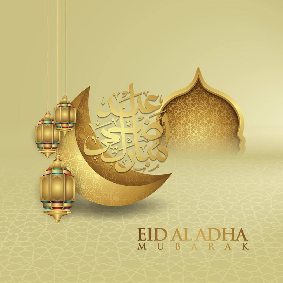 Luxurious and elegant design Eid Al adha greeting with gold color on arabic calligraphy, crescent moon, lantern and textured gate mosque. vector illustration.