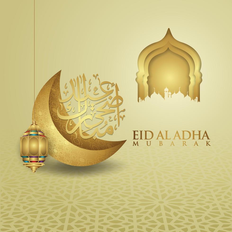 Luxurious and elegant design Eid Al adha greeting with gold color on arabic calligraphy, crescent moon, lantern and textured gate mosque. vector illustration.