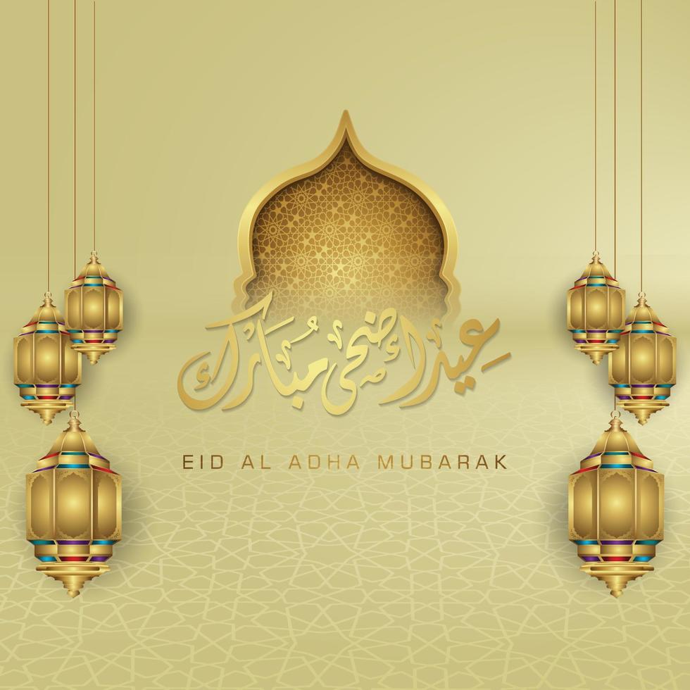 Luxurious and elegant design Eid Al adha greeting with gold color on arabic calligraphy, crescent moon, lantern and textured gate mosque. vector illustration.