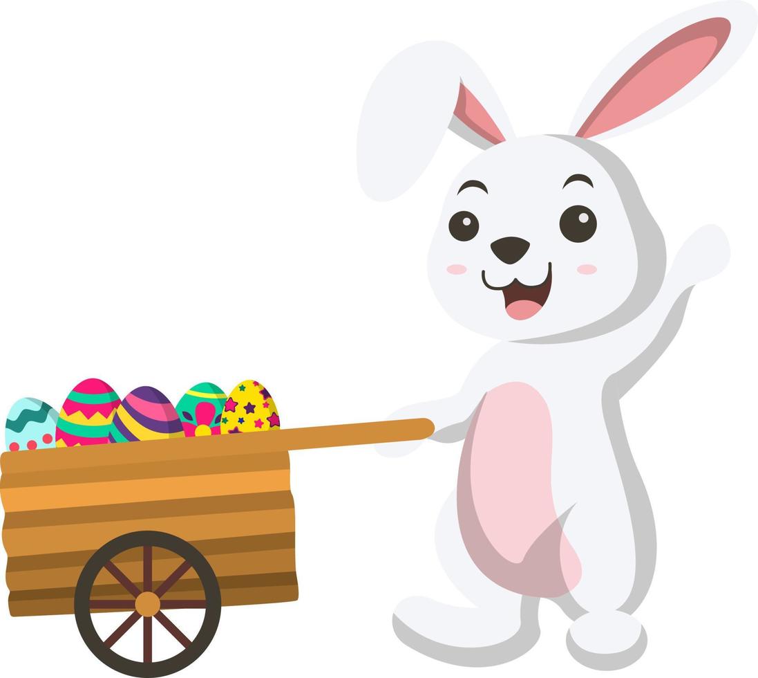 Cute little white bunny with cart of Easter egg vector